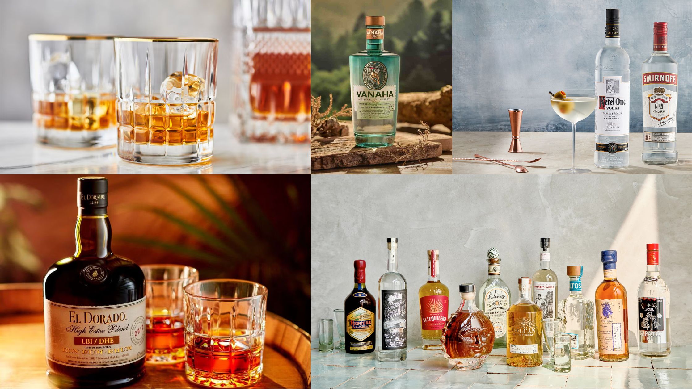 The Five Foundational Spirits like rum, vodka, tequila, gin and whiskey are the backbone of home bar